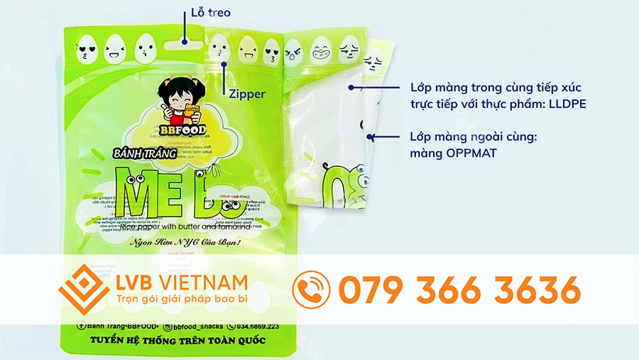 Bao bì đựng bánh tráng trộn cấu trúc 2 lớp OPPMAT/PE