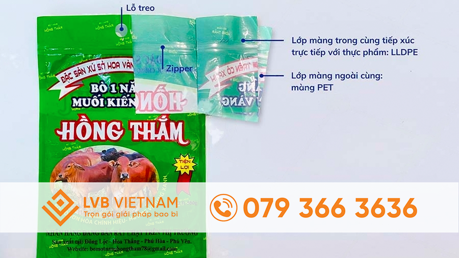 Túi đựng khô bò 1 nắng cấu trúc 2 lớp PET/PE